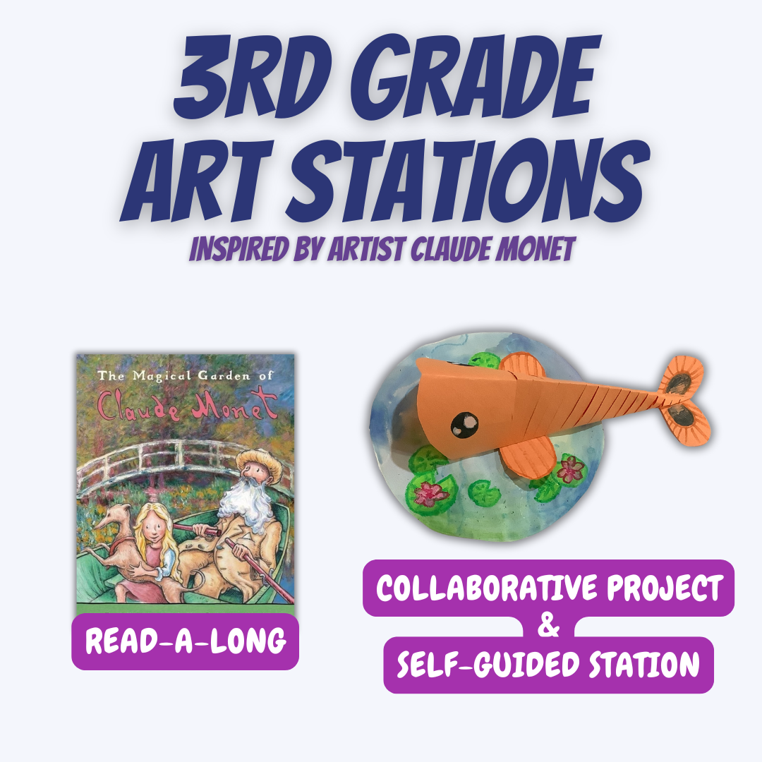 Educational poster about 3rd grade art stations inspired by artist Claude Monet, featuring an image of a book titled "The Magical Garden of Claude Monet" and a craft project of a 3D paper fish sculpture.