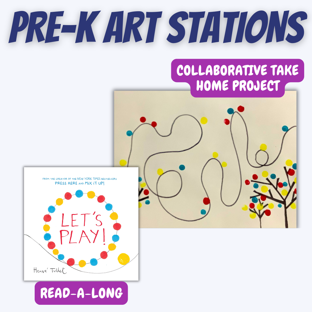 Features of pre-kindergarten art stations including a take home project, a read-a-long activity, and a self-guided sensory station.