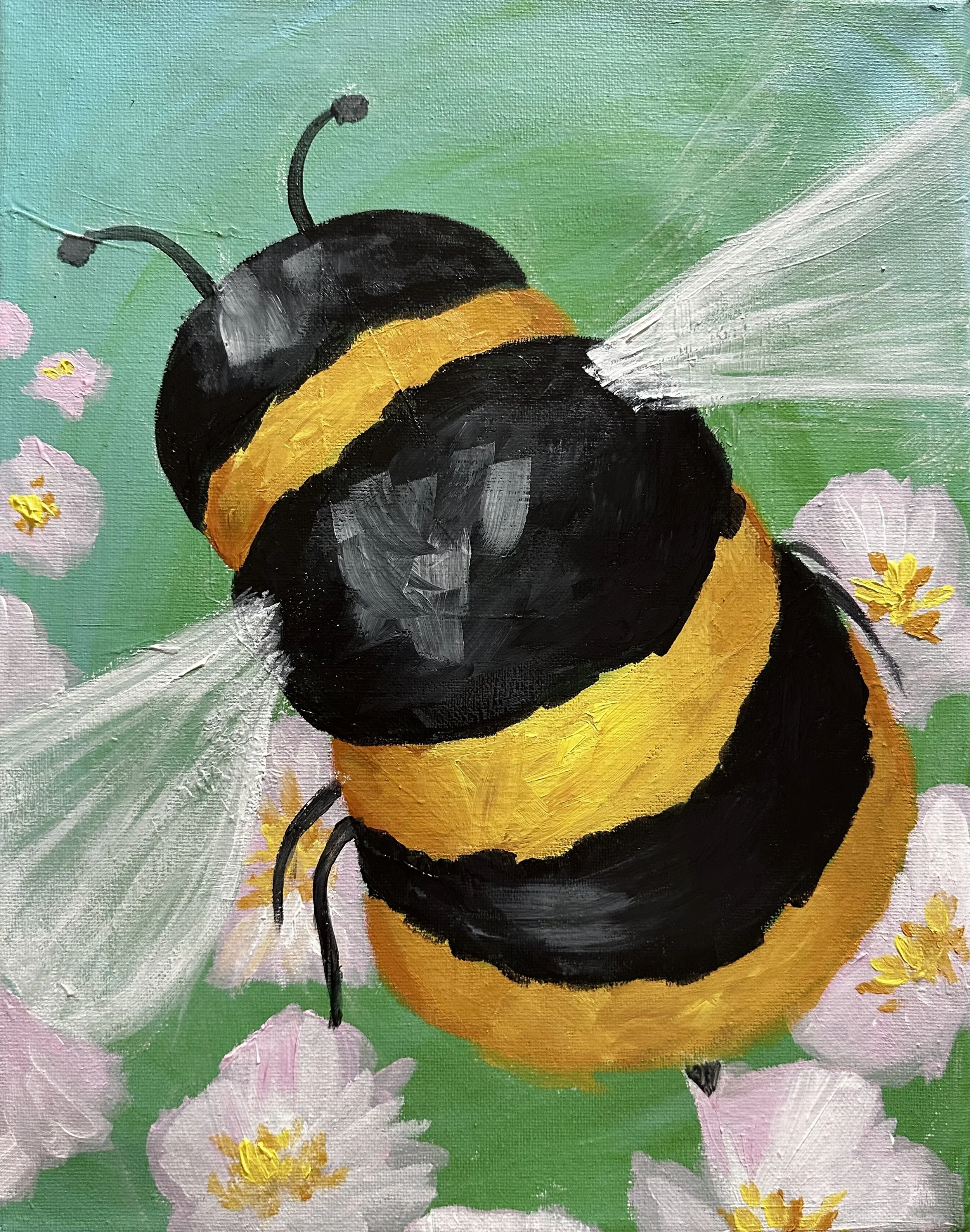 Painting of two bumblebees on pink flowers with green background.