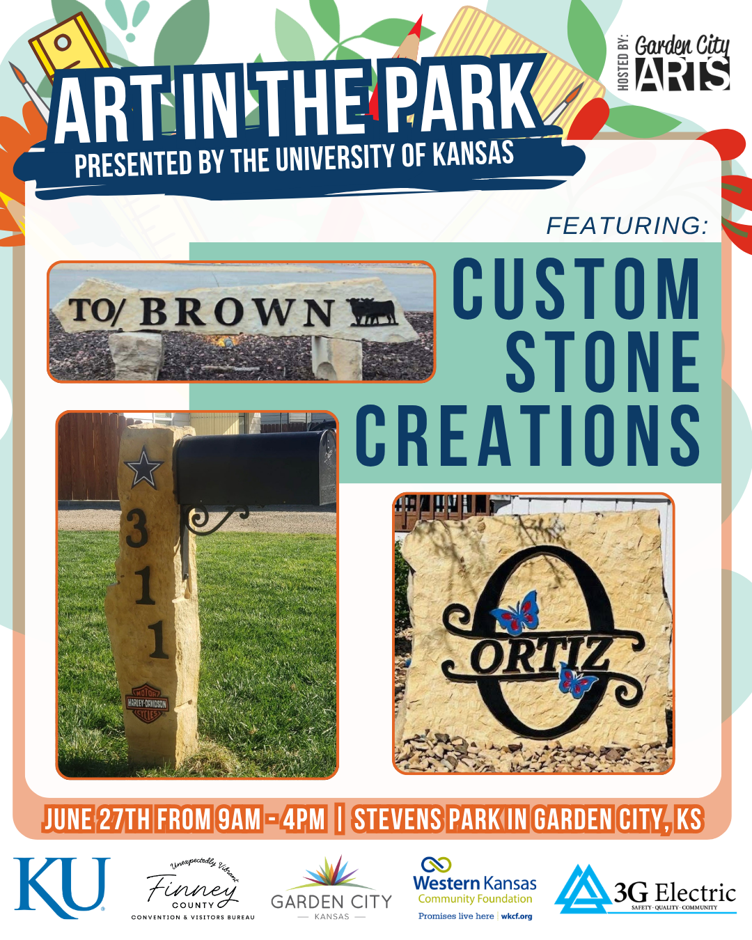 Event poster for 'Art in the Park' featuring custom stone work and sponsors 