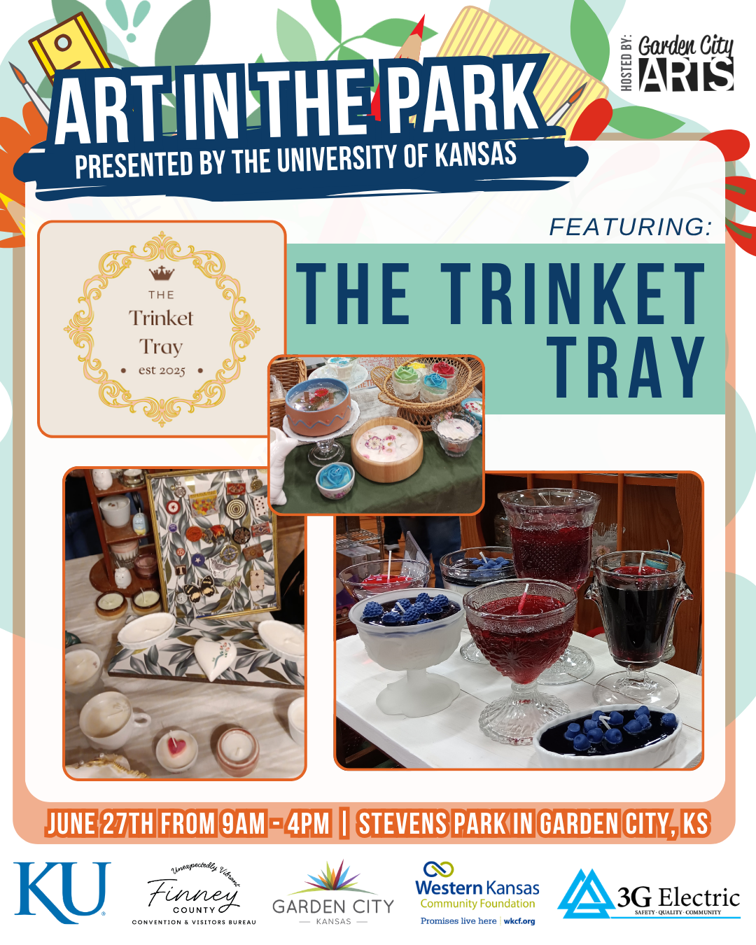 Event poster for Art in the Park featuring artist Amy Warfield, showcasing her landscape paintings and a painted button, with details about the event's date, time, location, and sponsors.