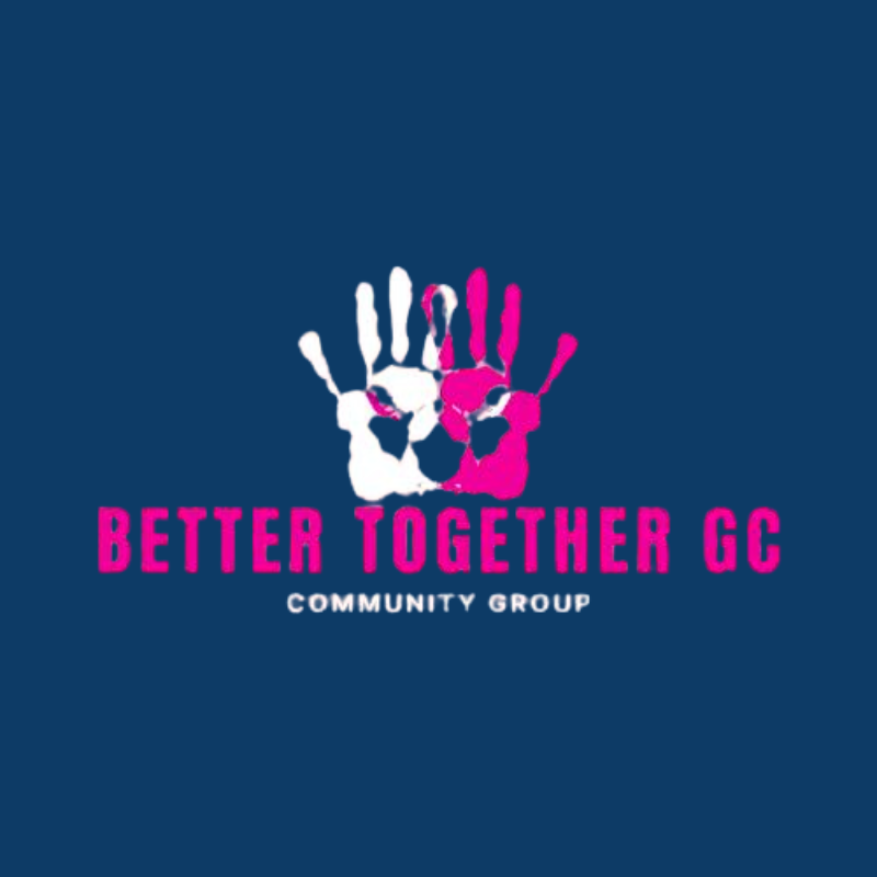 A logo for Betters Together GC Community Group featuring stylized pink and white handprints forming a skull shape, with the group's name in pink and white text on a dark blue background.