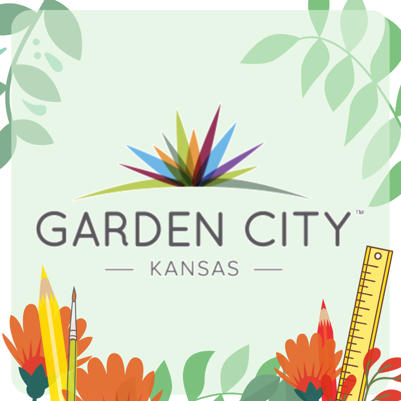 Logo for Garden City, Kansas, featuring colorful gardening tools, flowers, and green foliage in the background.