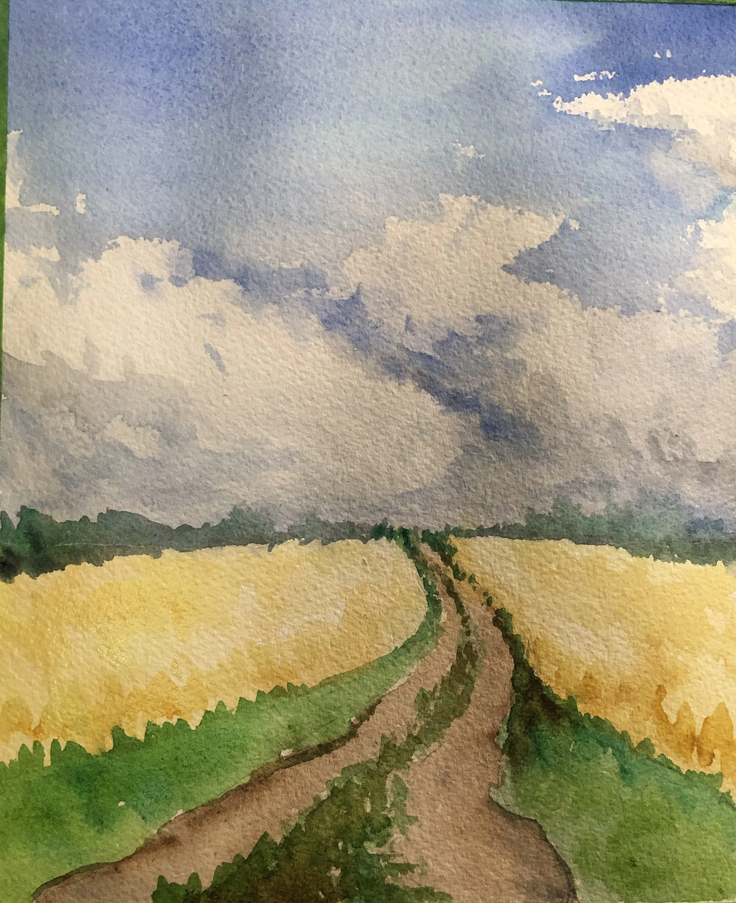 Watercolor painting of a dirt path winding through fields of yellow flowers with a cloudy blue sky overhead.