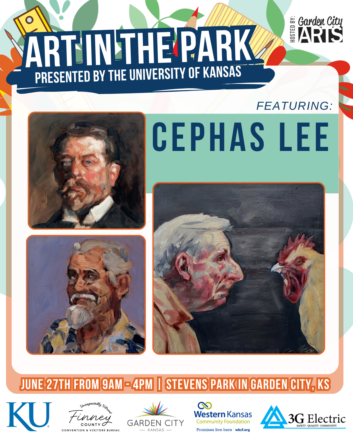 A promotional poster for an art event featuring paintings and digital art, including a portrait of a man with dark hair and beard, a landscape with a sunset and clouds, and a still life of a soda can and a snack bag. The event is hosted by Garden City Arts at Stevens Park on June 28th from 9am to 4pm, with logos of sponsors and partners at the bottom.