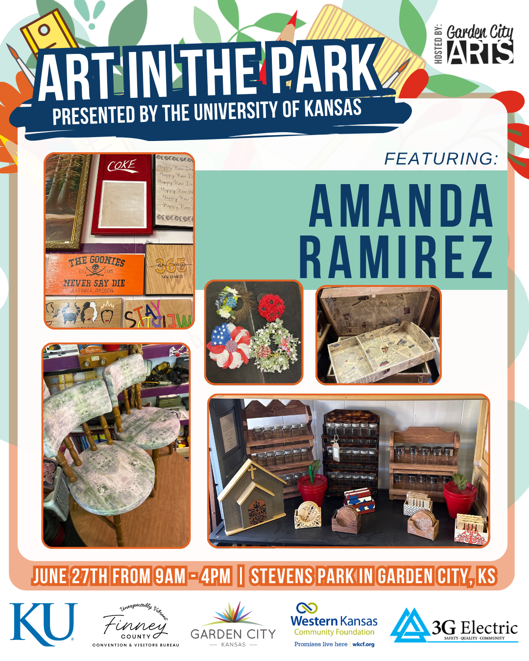 Promotional poster for 'Art in the Park' event featuring photos of local handmade crafts, jewelry, candles, and art displays with event details and sponsor logos at the bottom.