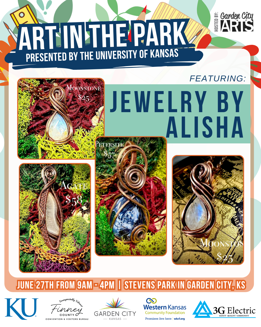 A promotional poster for a jewelry art event featuring handmade jewelry pieces such as pendants, necklaces, and earrings made with gemstones and wire wrapping techniques, displayed with prices and details about the event.