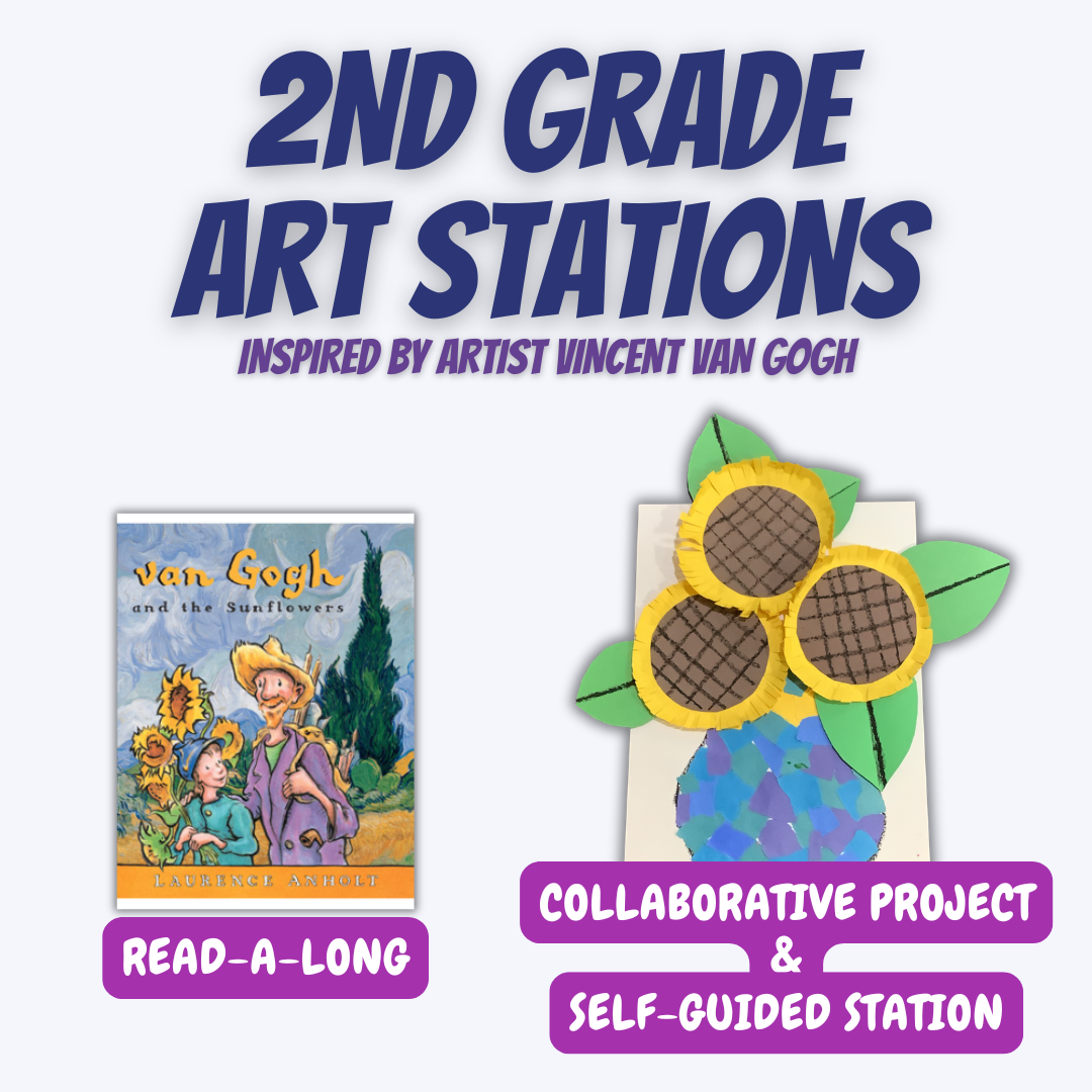 Poster advertising second grade art stations inspired by Vincent van Gogh, featuring a picture of the book "Van Gogh and the Sunflowers" and a sunflower craft made with paper and green leaves, with purple labels indicating "Read-A-Long" and "Collaborative Project & Self-Guided Station."