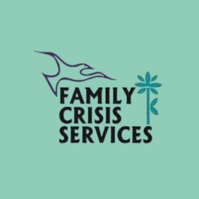 Logo for Family Crisis Services with a stylized pink flame and a blue flower on a light green background.