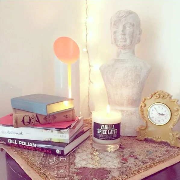 Meet Art! Our little companion truly makes this corner! Art sits upon a hand-beaded pillow case that I've repurposed (purchased on Etsy). Our orange light is from JC Penney and Vanilla Spice Latte candle is from Buffalo's own Poppy and Park.