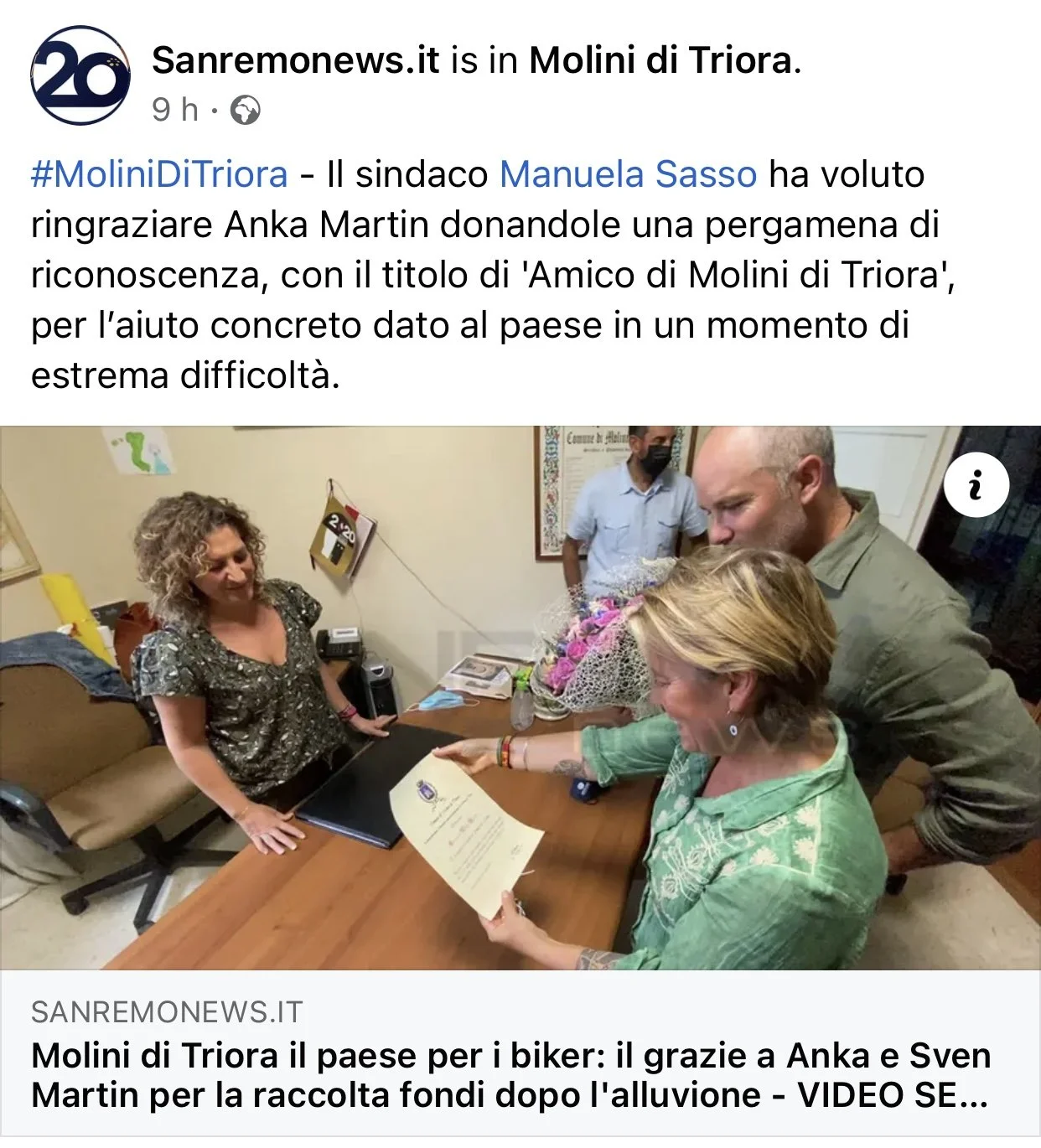 Award from the city of Molini for our Flood Disaster Fundraising efforts