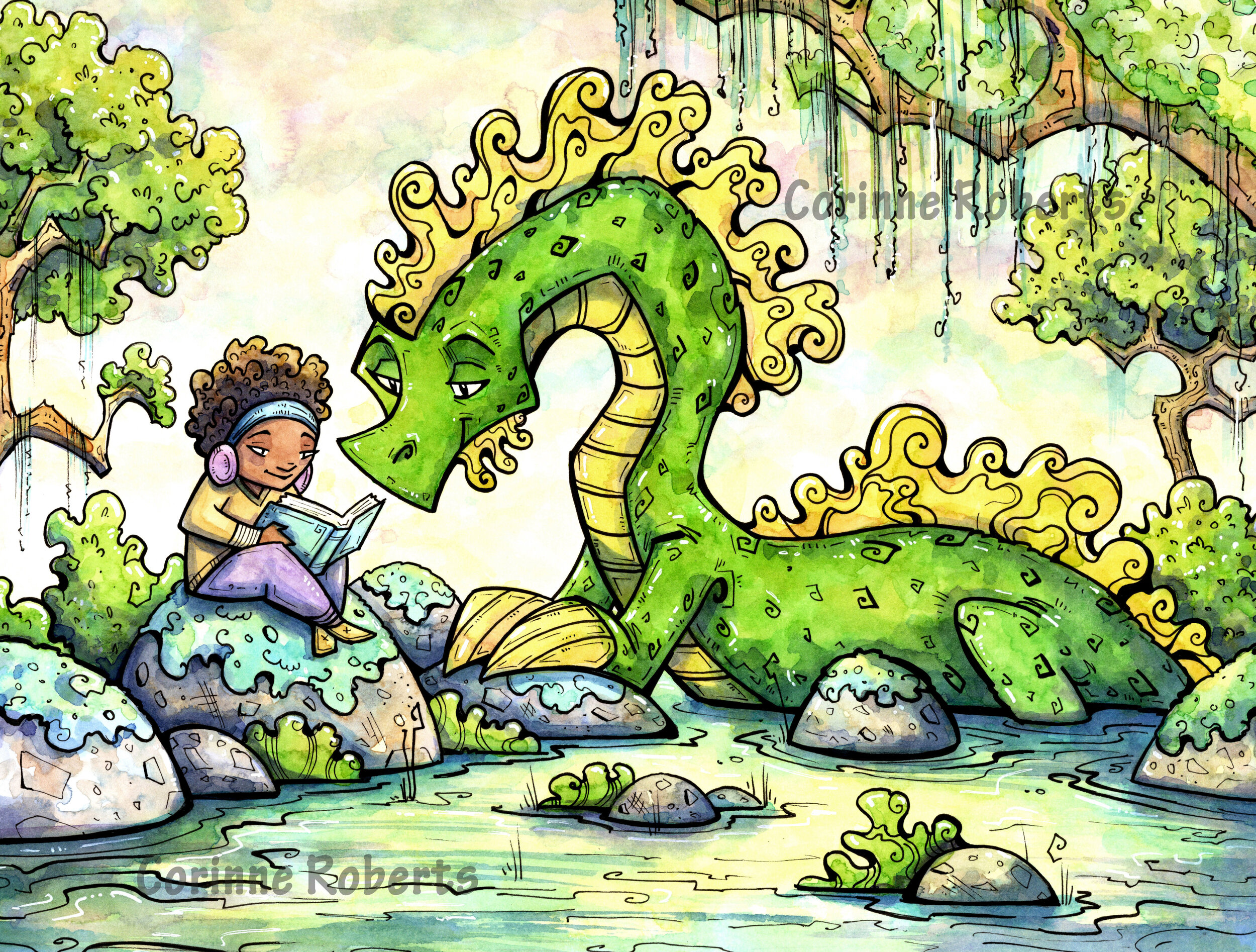 Storytime - Dragon, children's illustration, watercolor