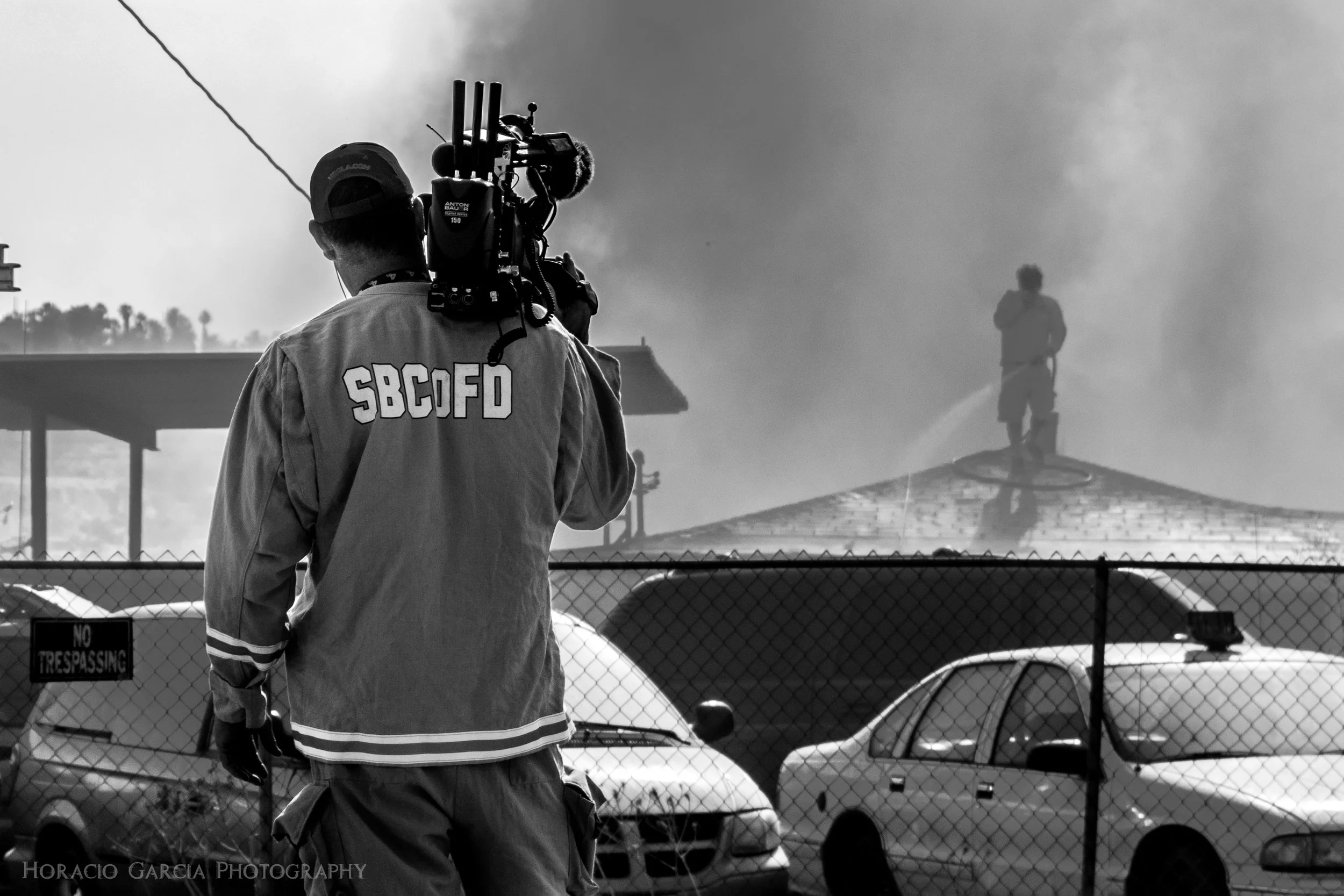 A member of the San Bernardino County Fire Department captures footage of an owner trying to save his property as his backyard burns. It was suspected that the property was being used to house illegal fireworks, which could have been the cause for the blaze.
