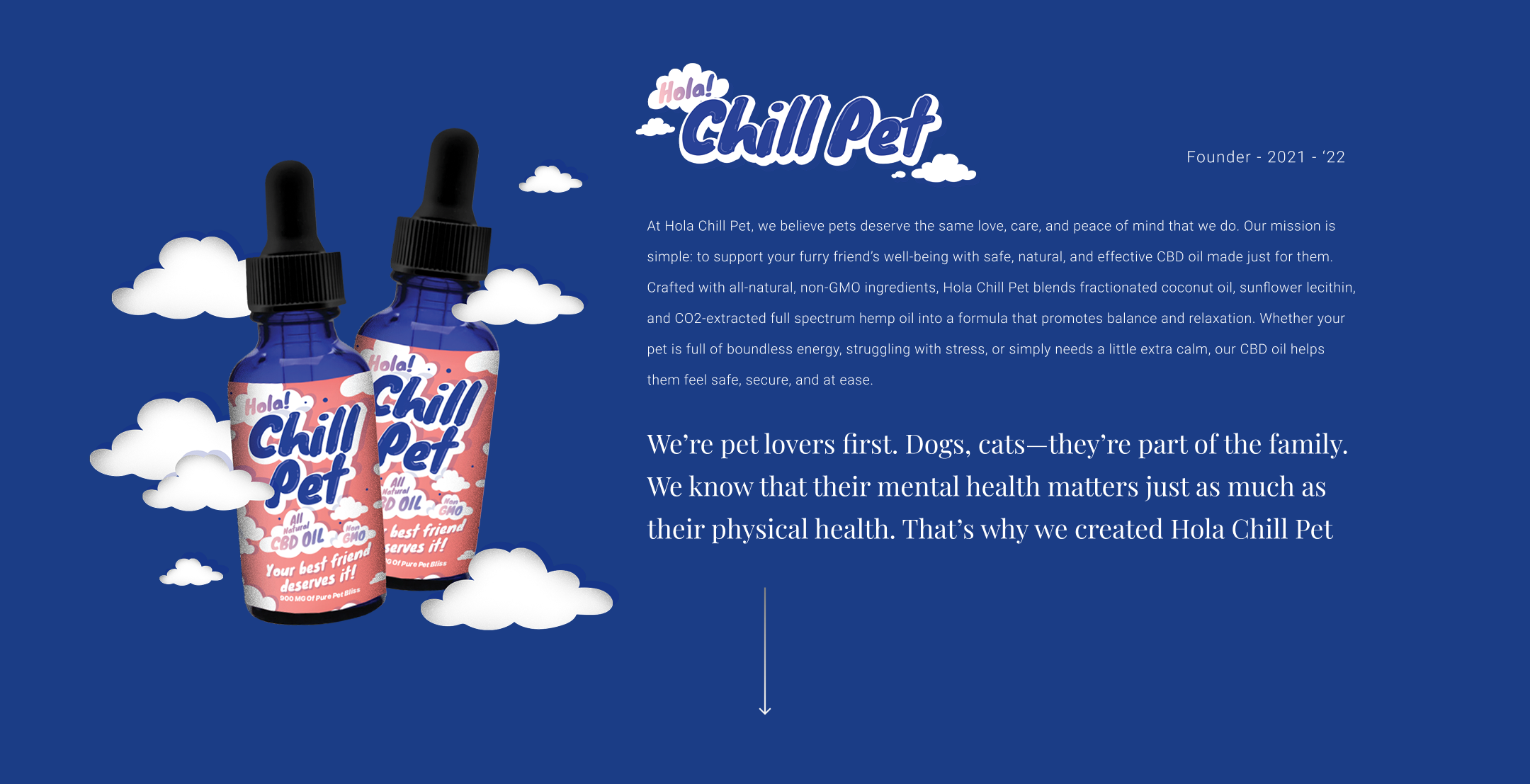 Blue background with two bottles of Hola Chill Pet CBD oil, surrounded by illustrated white clouds. Company logo and mission statement text describing natural CBD oil for pets' well-being, emphasizing care for dogs and cats.