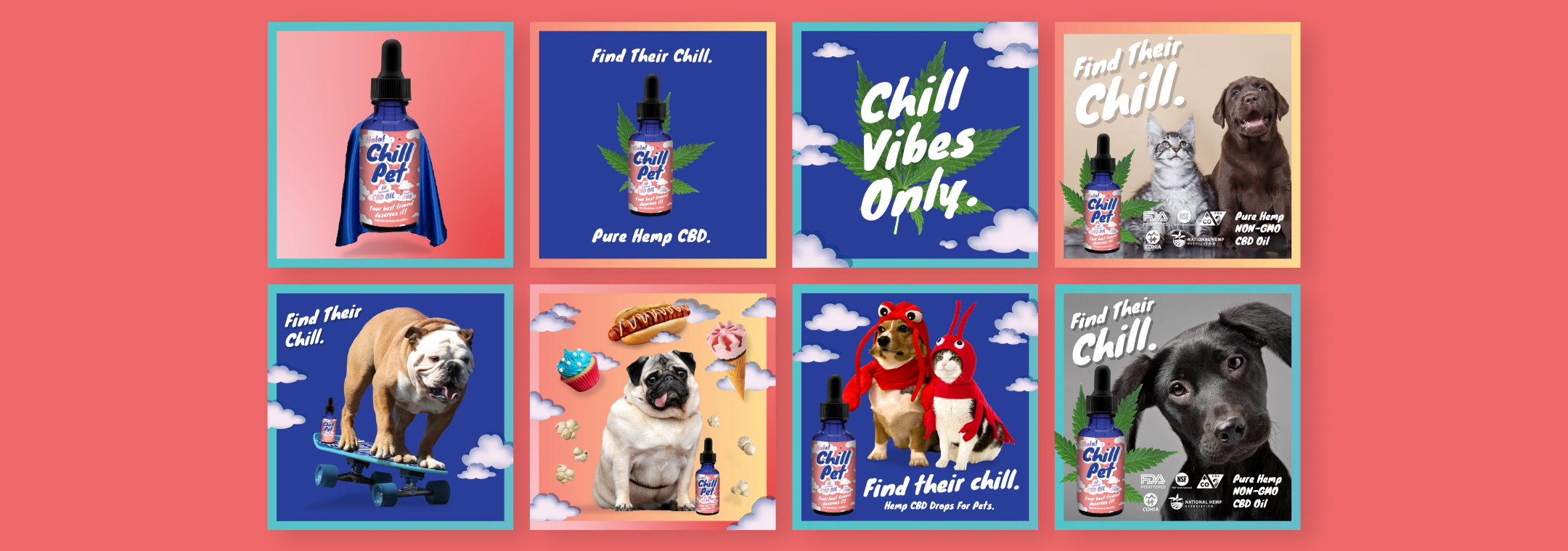 Eight promotional images for Chill Pet CBD oil for pets, featuring various animals and products. The images include a bottle of CBD oil with a cape, a dog on a skateboard, a dog and a cat in costumes, and a dog with a playful expression, all emphasiz