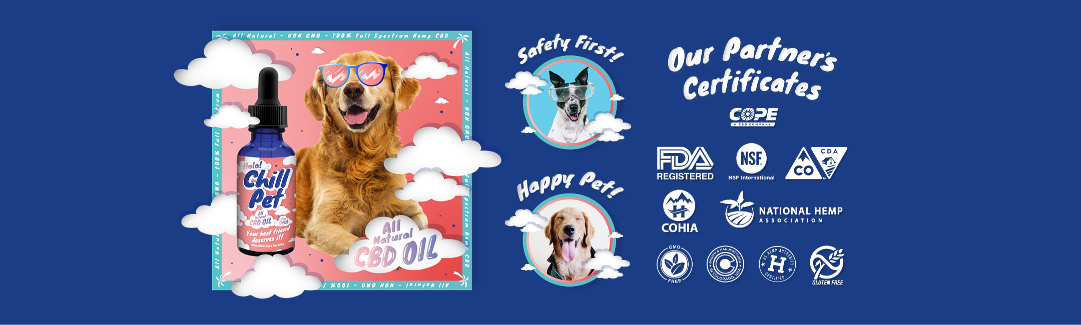 Advertisement for Chill Pet CBD Oil showing two dogs, one golden retriever with sunglasses and one labrador, surrounded by clouds on a blue background, highlighting certifications and partner logos.