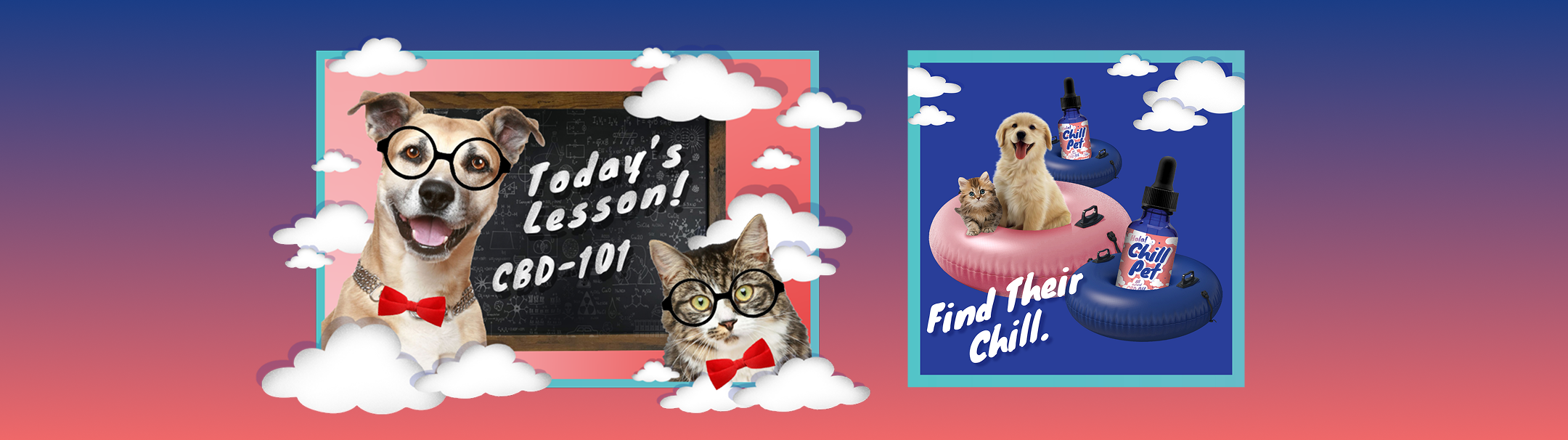 Illustration featuring two pet care product advertisements with dogs and cats, clouds, and a gradient background. One section promotes CBD-101 with a dog wearing glasses and a bow tie, and a cat with glasses and a bow tie. The other section shows pet