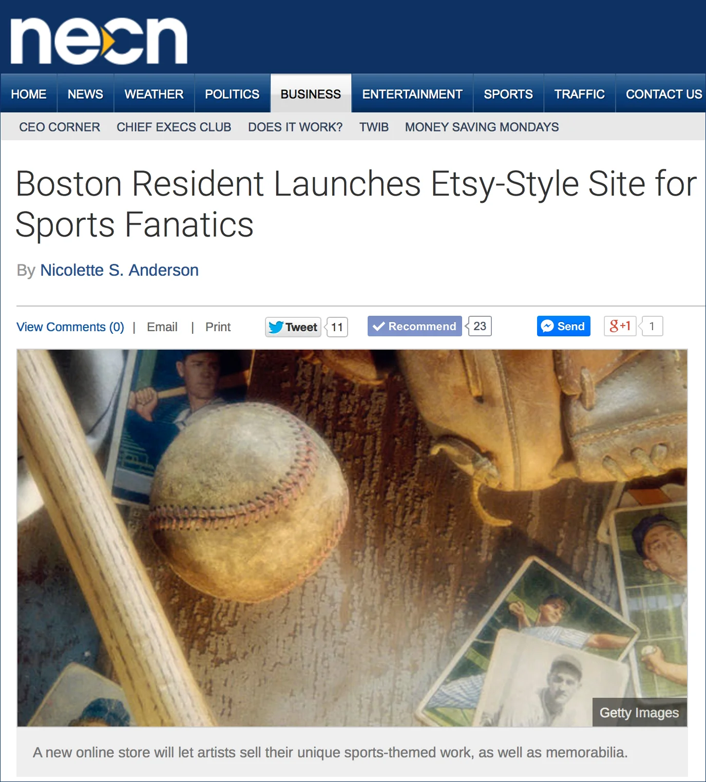 NECN.com Article "Boston Resident Launches Etsy-Style Site for Sports Fanatics"