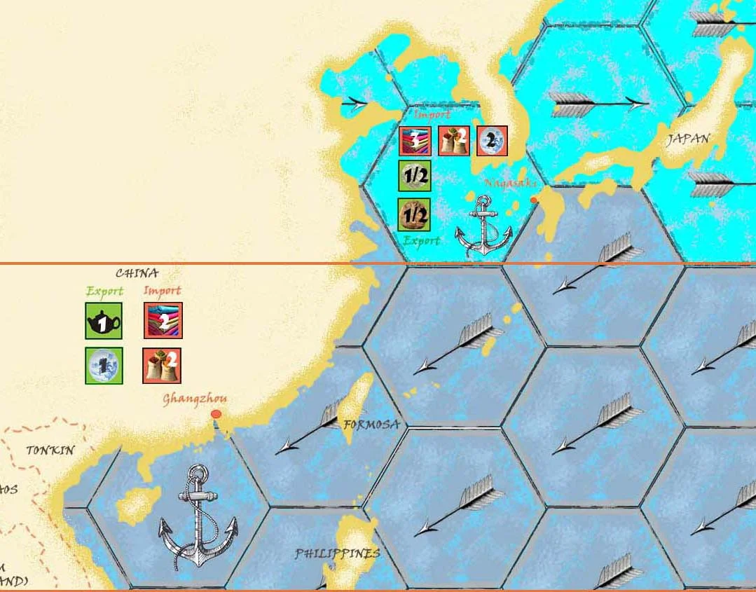 Detail from the Dutch East India Co Game. The differing value of trade goods between ports allows a profit to be made.