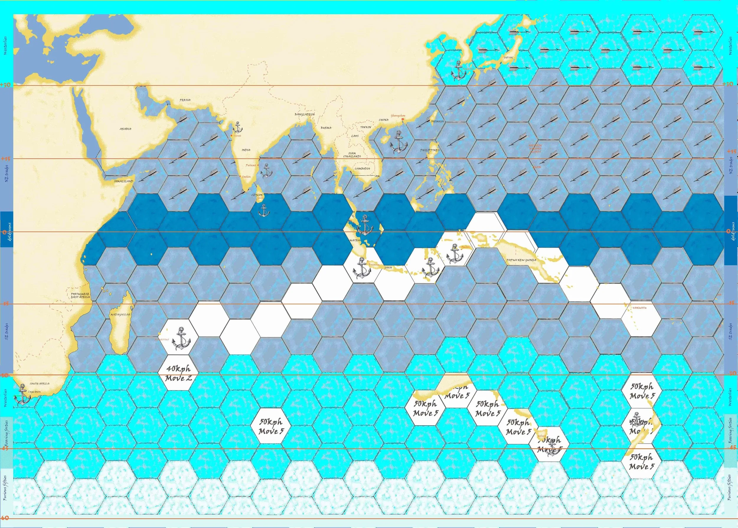 A player’s route in the Abel Tasman Game: circumnavigating Australia via Mauritius and New Zealand. They missed Tonga.