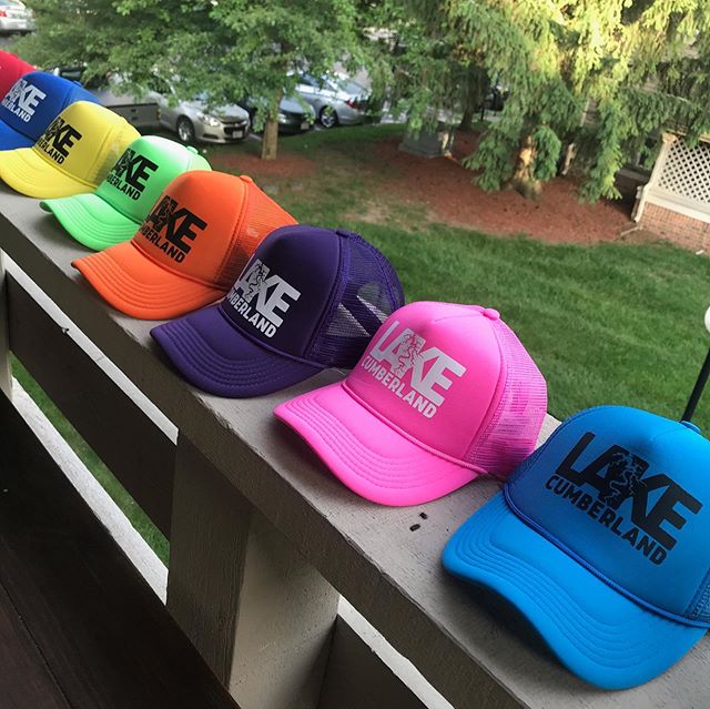 These hats are ready for a fun bachelor/bachelorette combo party weekend! 
It was fun to play with the crazy shape of Lake Cumberland and integrate it into bold typography.