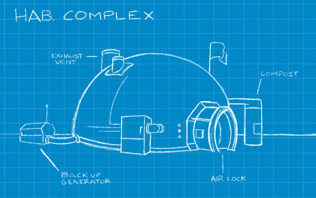 Players have blueprints of buildings they can construct to give them in-game assistance.