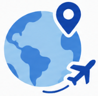 A globe with a location pin and an airplane icon, symbolizing global travel.