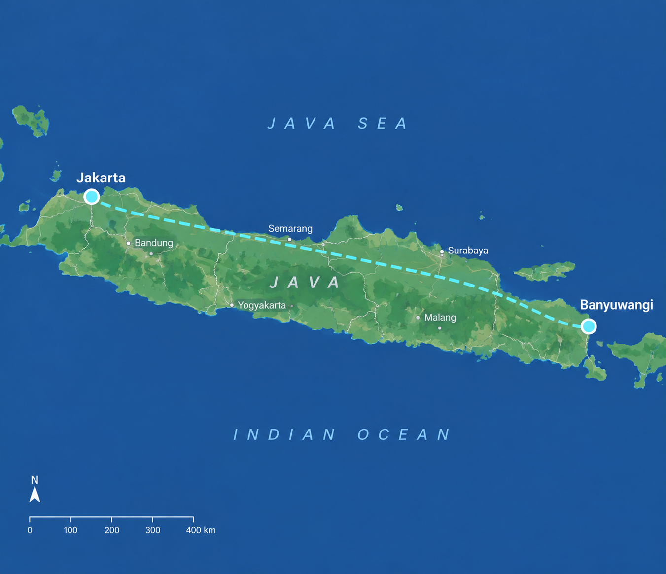 Map of Java, Indonesia, showing a route from Jakarta to Banyuwangi through Semarang and Surabaya, with the Java Sea and Indian Ocean labeled.