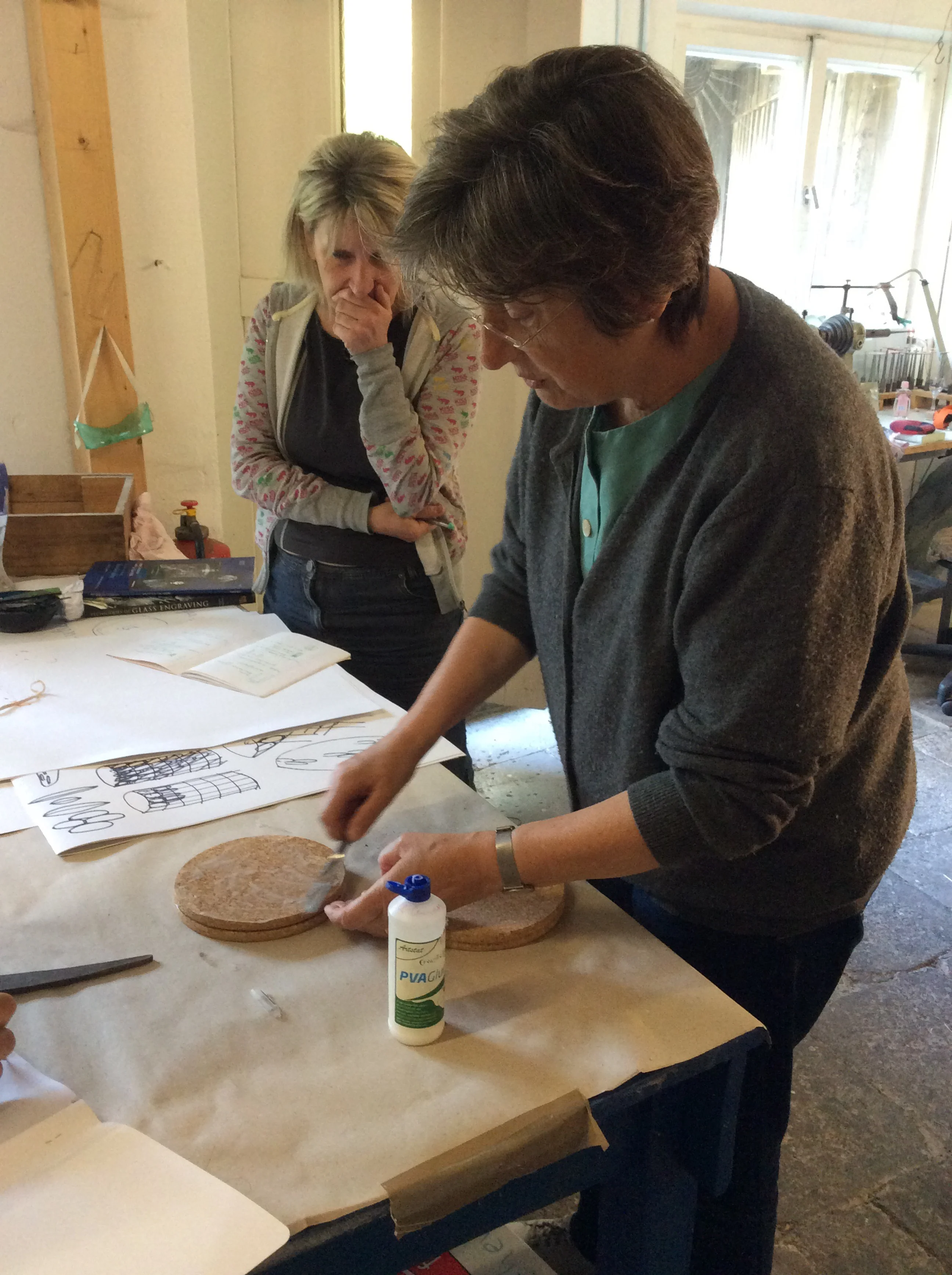 Katharine making a cork polishing wheel