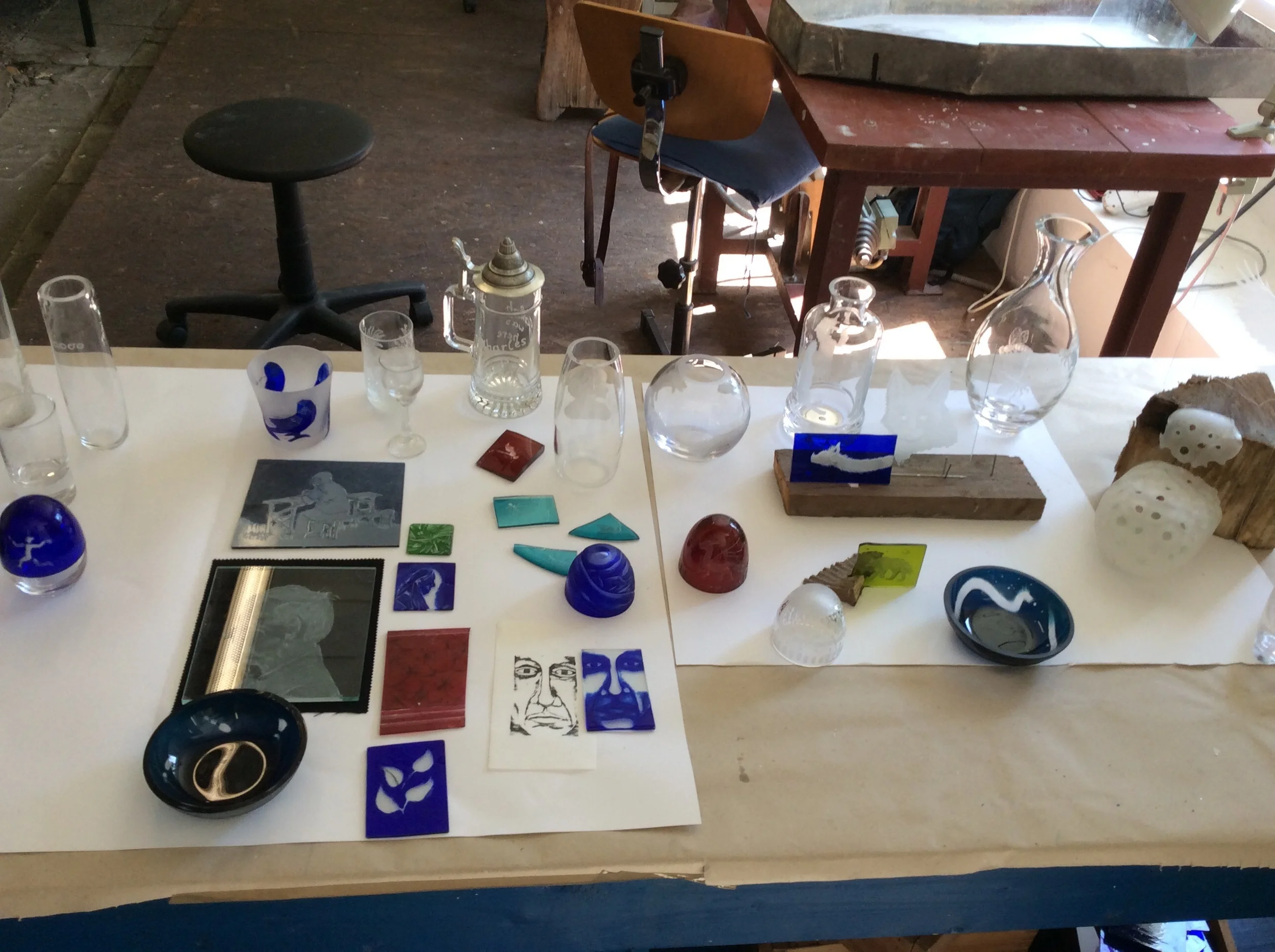 Left to right, Sonja (partially shown, me, Jenny, Josephine and Barbras works. Not all things made were shown as there were a few that didn't work!