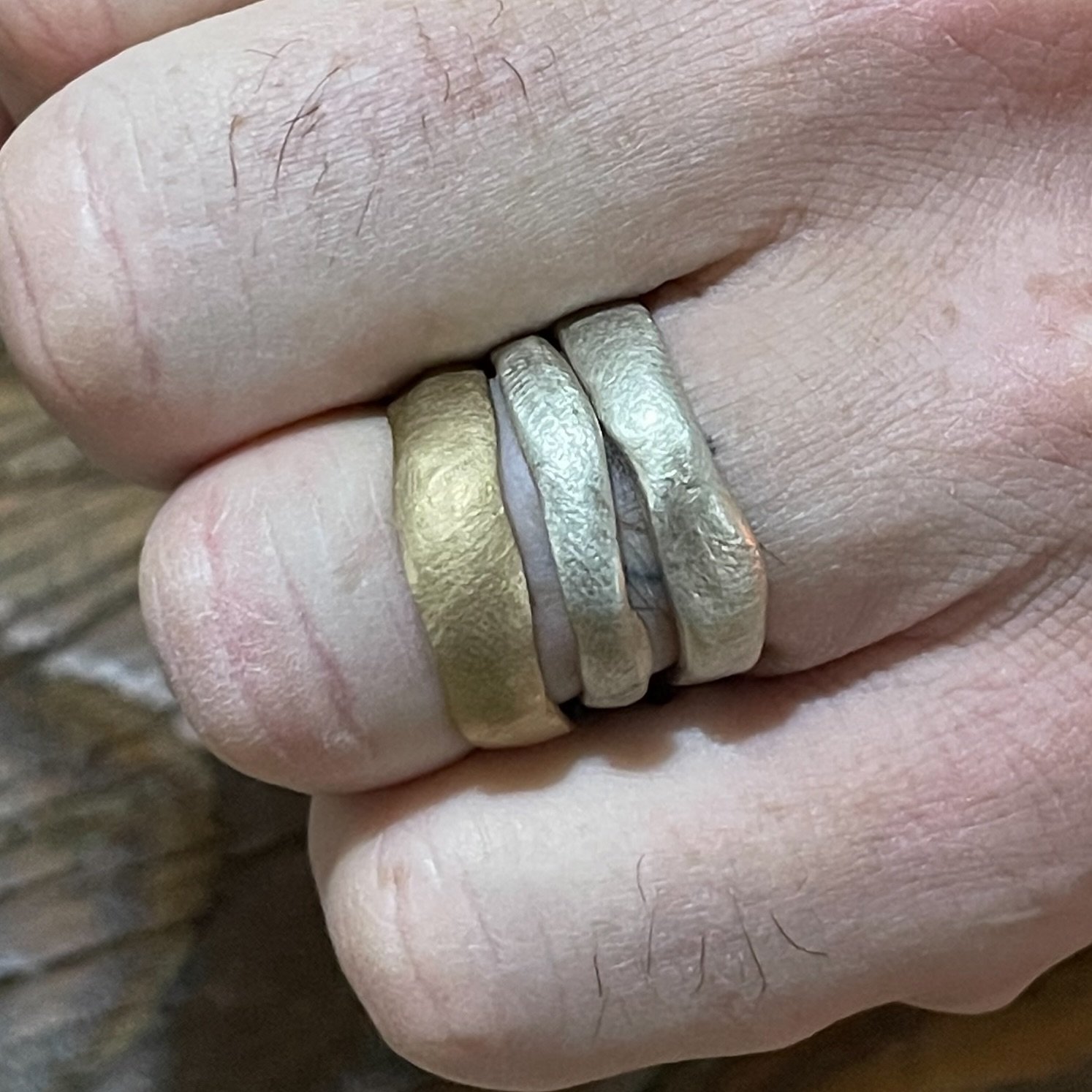 The Serendipity, Wonky Wedder and Wonkier Wonky Wedder making a magnificent stack!!

Worn by @barry_and_co 

These rings can be custom made in your choice of gold colour and carat.

Please email for more information and to arrange a quote.
info@kathe