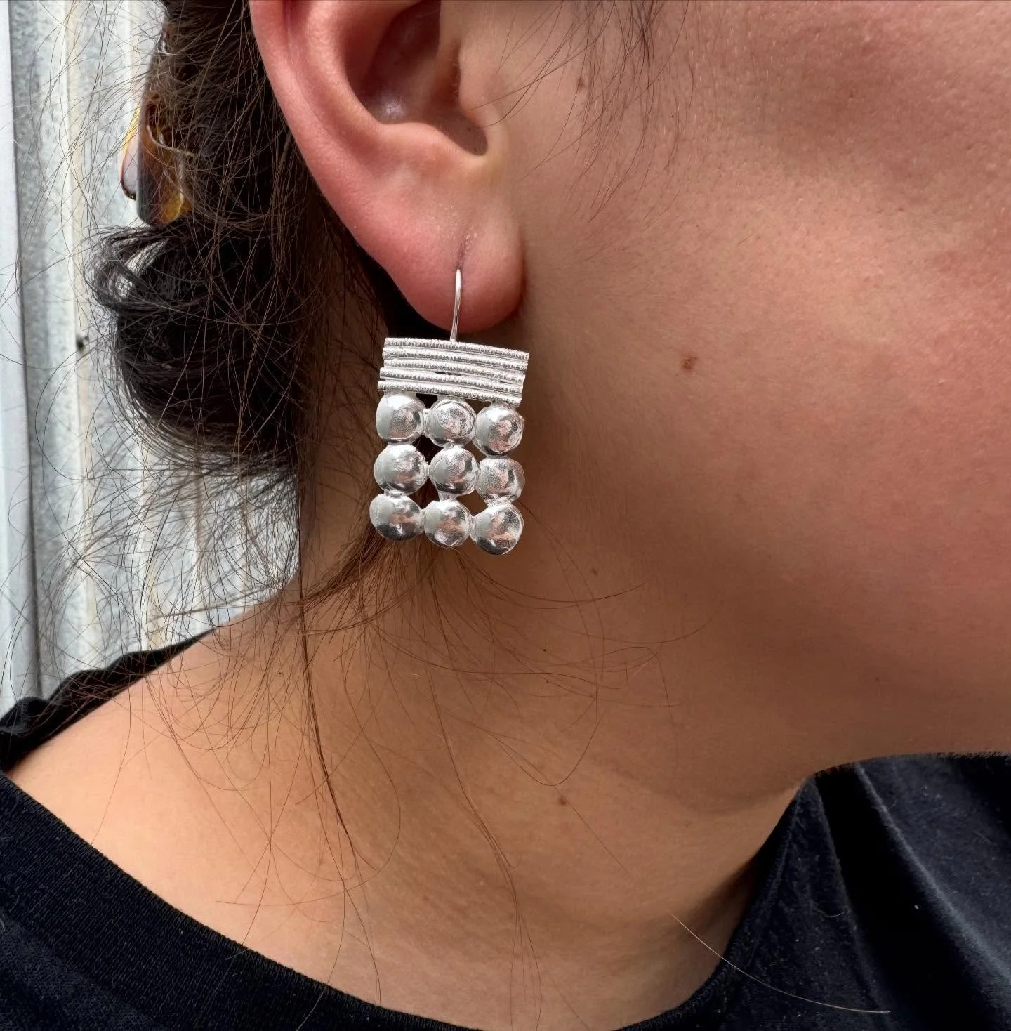 New sterling silver earrings. Delivered to @egetal this week.
They will not be online but available in store. 
There is one of these pairs, each earring is unique, so not an exact copy.

Worn here by @chitramusic 🌟🎼🌟

#handmade #unique #jewellery 