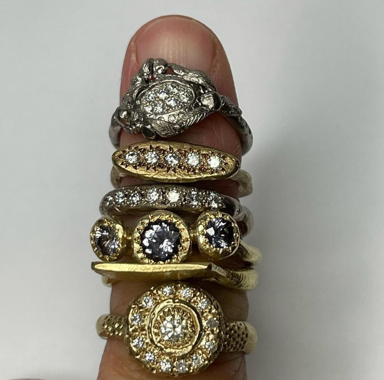 Golden diamond ring stack.

All of these designs are available to order through my studio and can also be custom made in metal with gemstones of choice.

Email us at info@katherinebowman.com.au with any questions regarding the bespoke process and if 