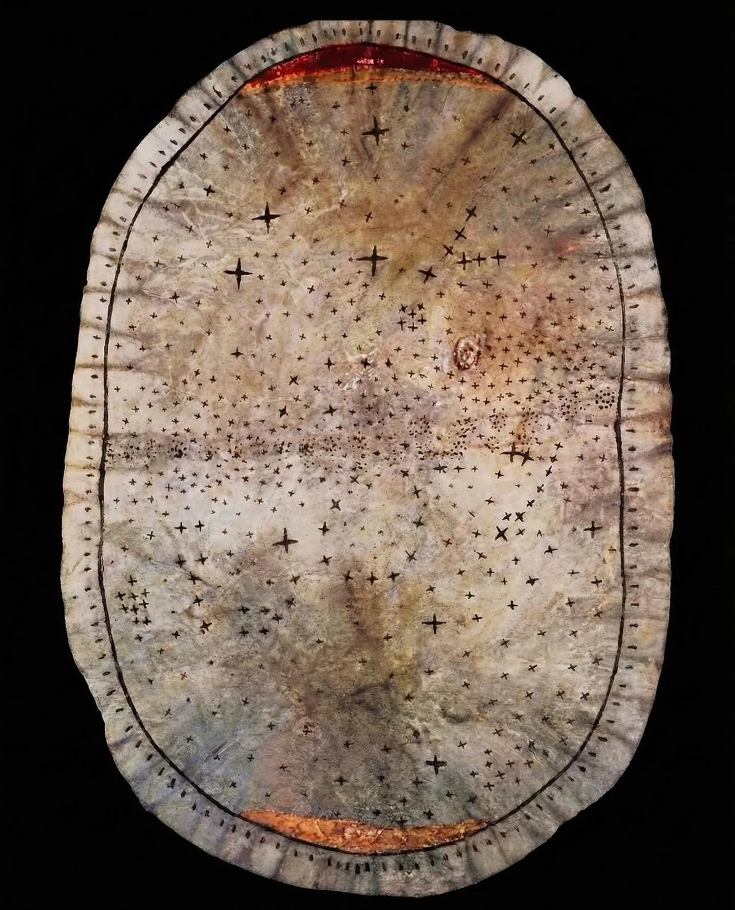 Image from @archaeologyart 

Painted Skidi Pawnee Star Chart.

Text from @archaeologyart 

Culture: Skidi Pawnee Origin: Nebraska and Kansas, USA, c. 1625. Medium: Tanned antelope or deer hide with black, red, and yellow pigment; 66 &times; 46 cm.
Co