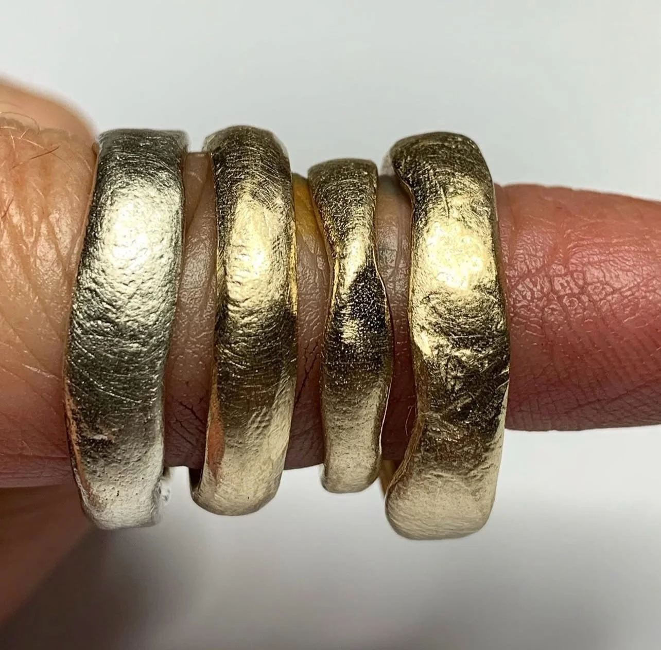 Rings for him, her or them - these rings are designed to be worn by everybody.

9ct white gold Wonkier Wonky Wedder
9ct yellow gold File Mark Wedder
9ct yellow gold Small Wonkier Wonky Wedder
9ct yellow gold Wonkier Wonky Wedder. This ring is online 