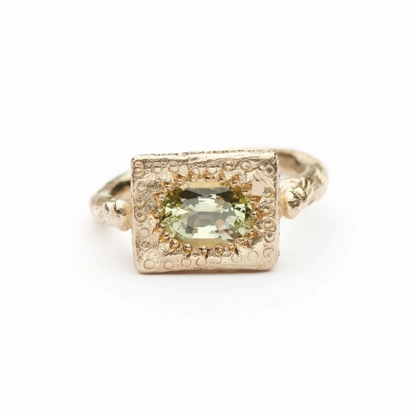 This well cut gemstone is a soft lime green in colour. The setting and ring made specifically for this beautiful gemstone.

#46.
Series of One. 
9ct yellow gold set with a magical Chrysoberyl and hand engraved.

#unique #oneofakind #handmade #ring