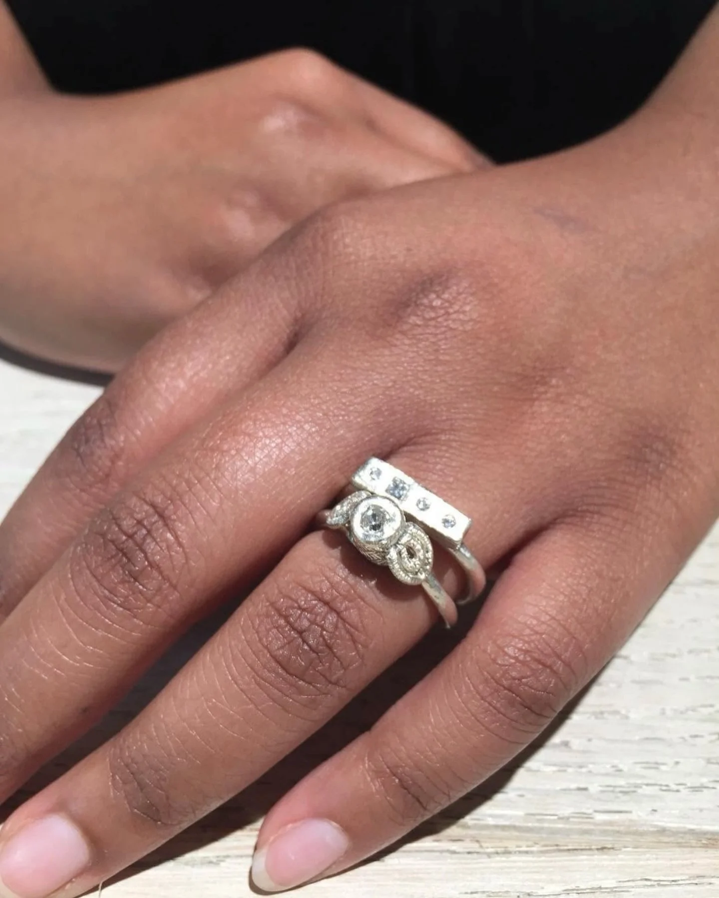 From the archives&hellip;

The beautiful Zaiba @zaiba.khan wearing the Mneme and Temple rings, made in 9ct white gold and set with diamonds.

Both of these have since found their homes but these designs can be custom made in your choice of metal and 