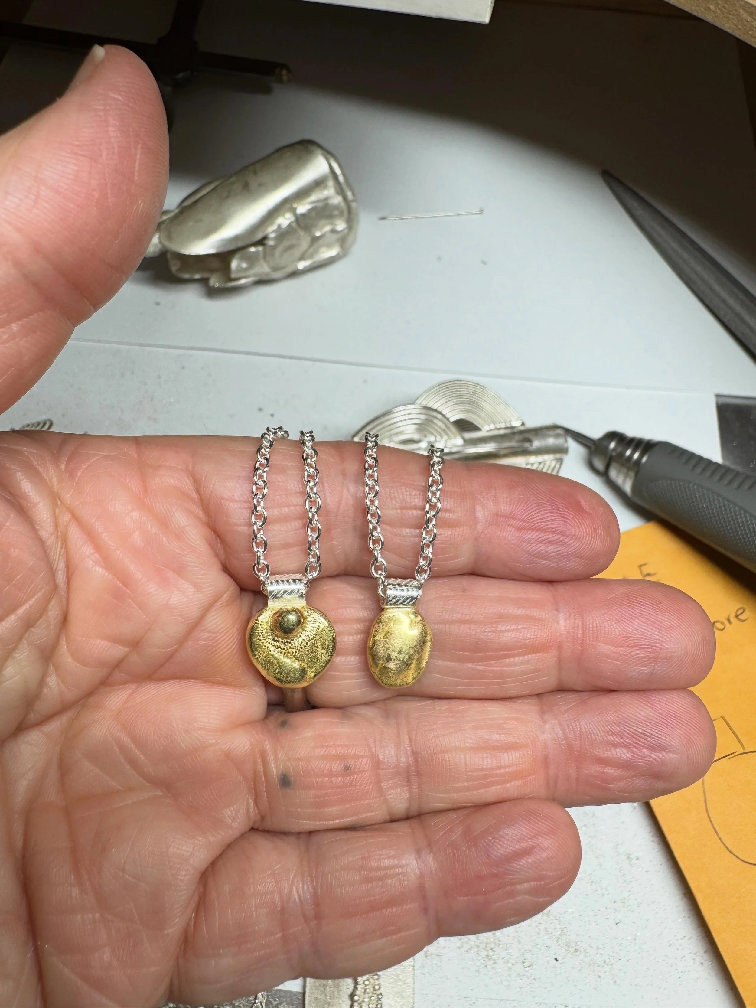 Pendants for Gemma and Anne, using the gold from their mother&rsquo;s rings.

Made to be worn every day.

(I no longer use clients gold, for many reasons. We have come up with some great options for clients regarding this, so please get in touch to f