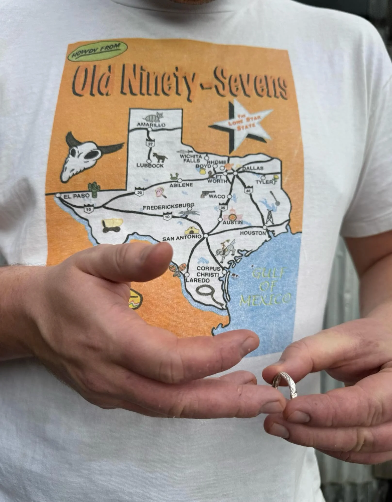 The most excellent George @gb.gd trying on my new rings which will be released this week.
Each ring is unique, not to be repeated. They are pretty cool, but not as cool as George&rsquo;s t-shirt, where the Gulf of Mexico still exists.

#newwork #ster
