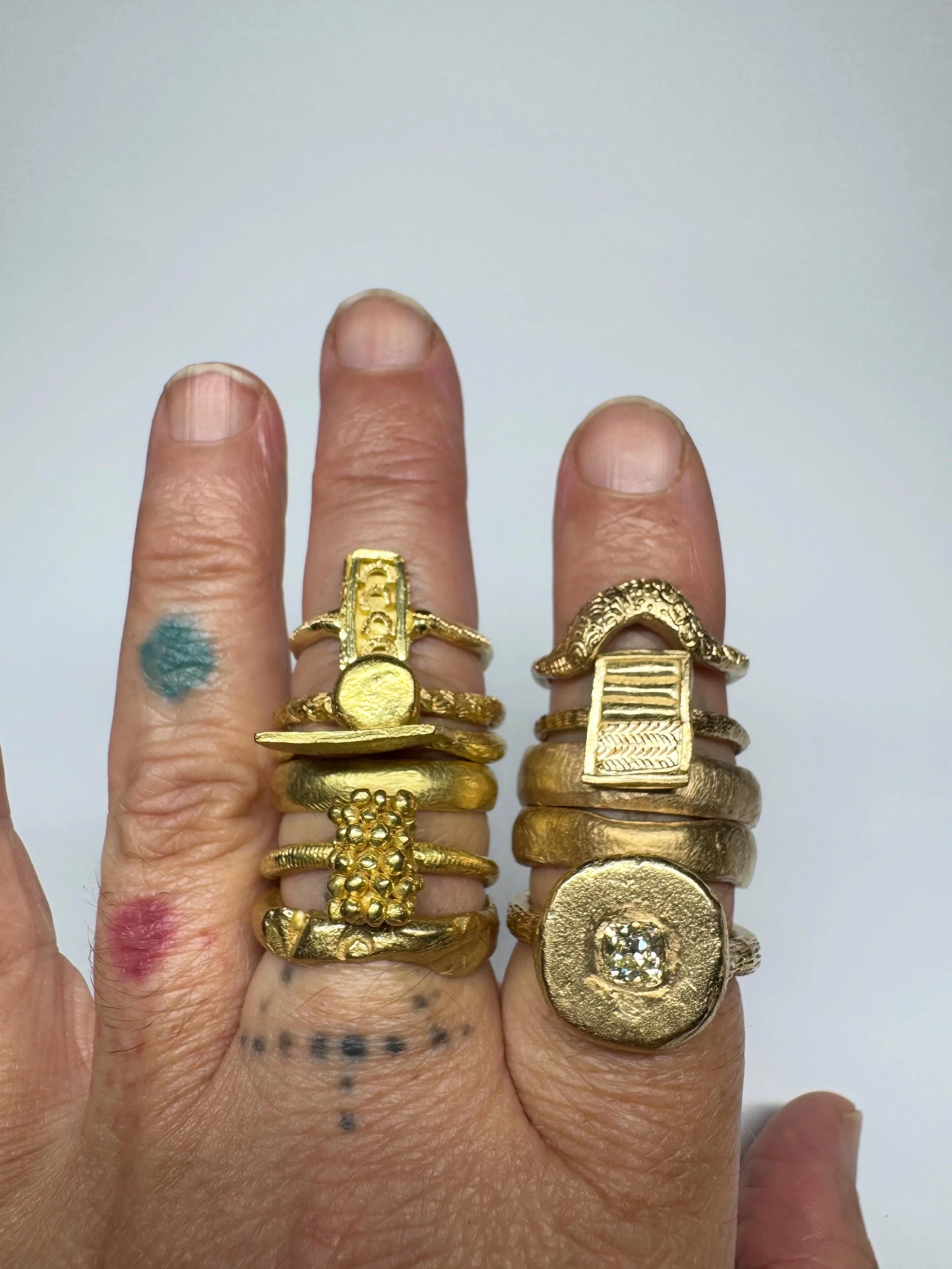 Golden handmade unique rings.

A selection of 18ct and 9ct yellow gold.

There is one of each of these rings and they are exclusive to my studio and are available on my online store.

Made to wear every day.

#katherinebowmanjewellery #handmade #besp