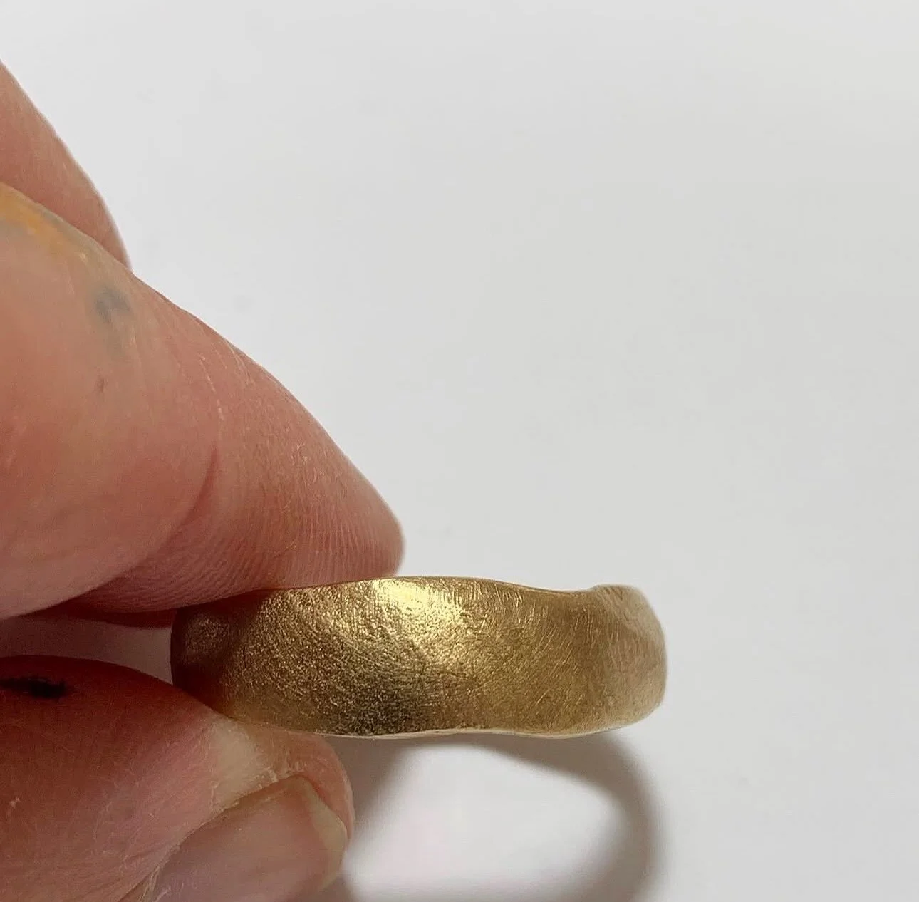 9ct yellow gold ring.

This ring was based on the Wonky wedder ring. The proportions are wider, around 6mm.

Our fingers are not perfectly round, so I don&rsquo;t think that rings need to be either.
I like the thought that if something is handmade, i