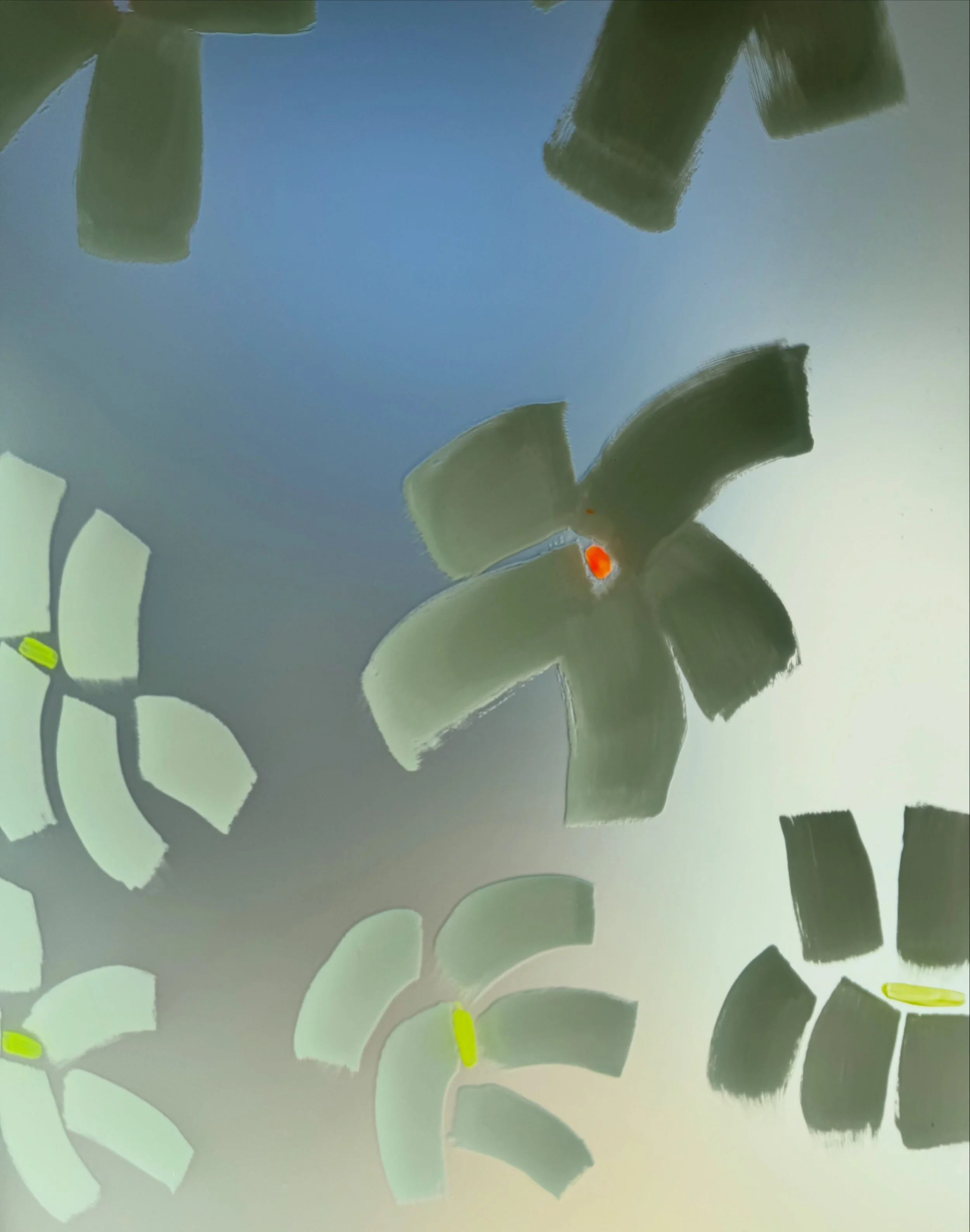 Morning light from inside the window.

These flowers were an exercise in how to paint a flower using only the width of the paint brush itself.
I started painting the windows to try and stop them being graffitied. This sort of has worked. The windows 