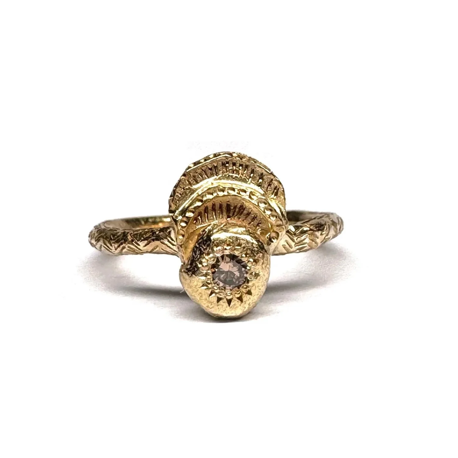 #141.
Handmade 9ct yellow gold ring set with 2.5mm round champagne diamond C4-5 0.07ct

Standard size: c. J 1/2
*This ring can be resized. Please email for sizing information.
Measurements: top of ring c. 7.5 &times; 10.5mm depth 4.2mm, width of ring