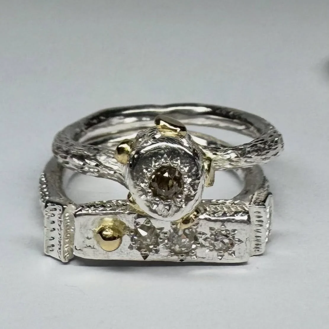 Stacking rings.

Series of One #173 sterling silver, 18ct gold, diamond 
Series of One #176 sterling silver, 18ct yellow gold, diamonds

Exclusive to my studio and available on the online store.

#handmade #unique #rings