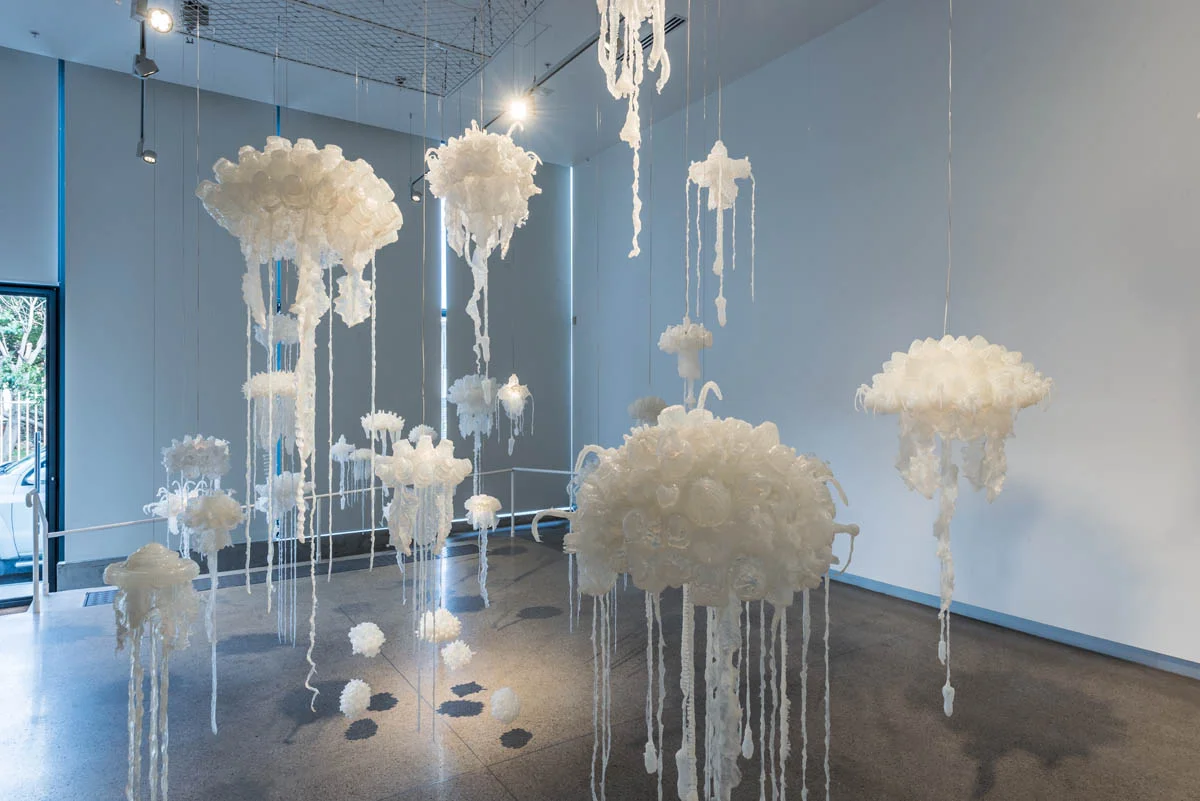 Sea-change (installation view, MARS Gallery), Penelope Davis, 2017, silicone, nylon thread, plastic, photograph: Simon Strong