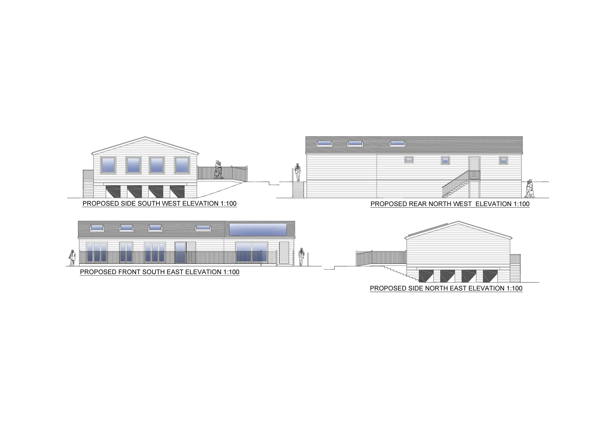 front and back elevation of the new boathouse extension showing stairs and windows overlooking the marina