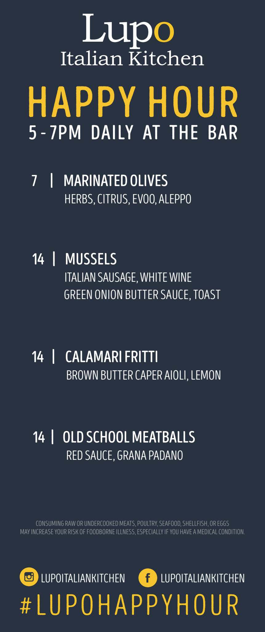 Menu from Lupo Italian Kitchen highlighting happy hour specials from 5 to 7 PM, featuring marinated olives, mussels, calamari fritti, and old school meatballs.