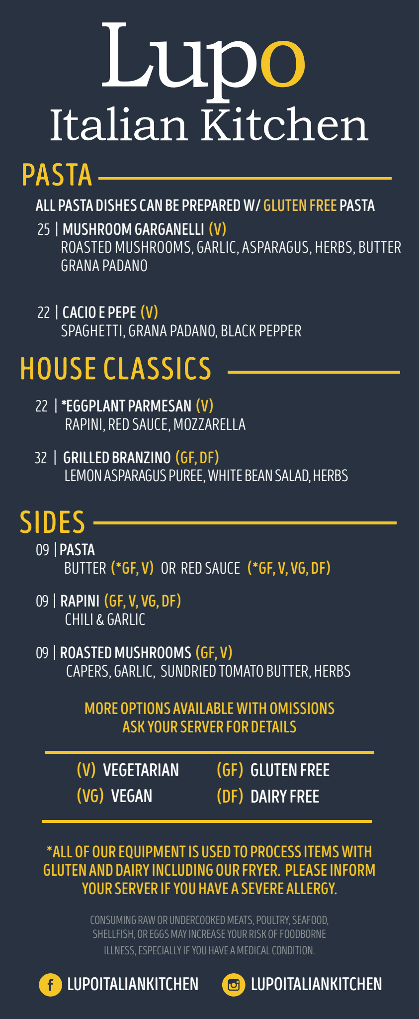 Menu for Lupo Italian Kitchen featuring sections for pasta, house classics, and sides. Highlights include mushroom garganelli, cacio e pepe, eggplant parmesan, and grilled branzino. Options for gluten-free, vegetarian, vegan, and dairy-free dishes are noted, with additional options available with omissions. Contact details for social media are also included.