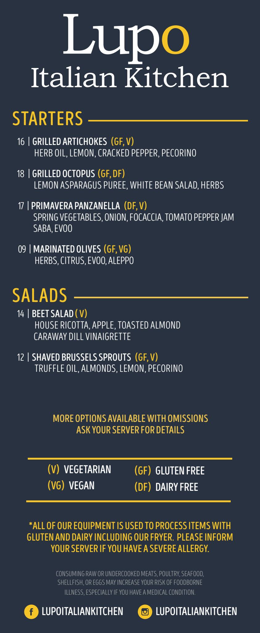 Menu for Lupo Italian Kitchen featuring starters and salads with gluten-free, vegetarian, vegan, and dairy-free options.