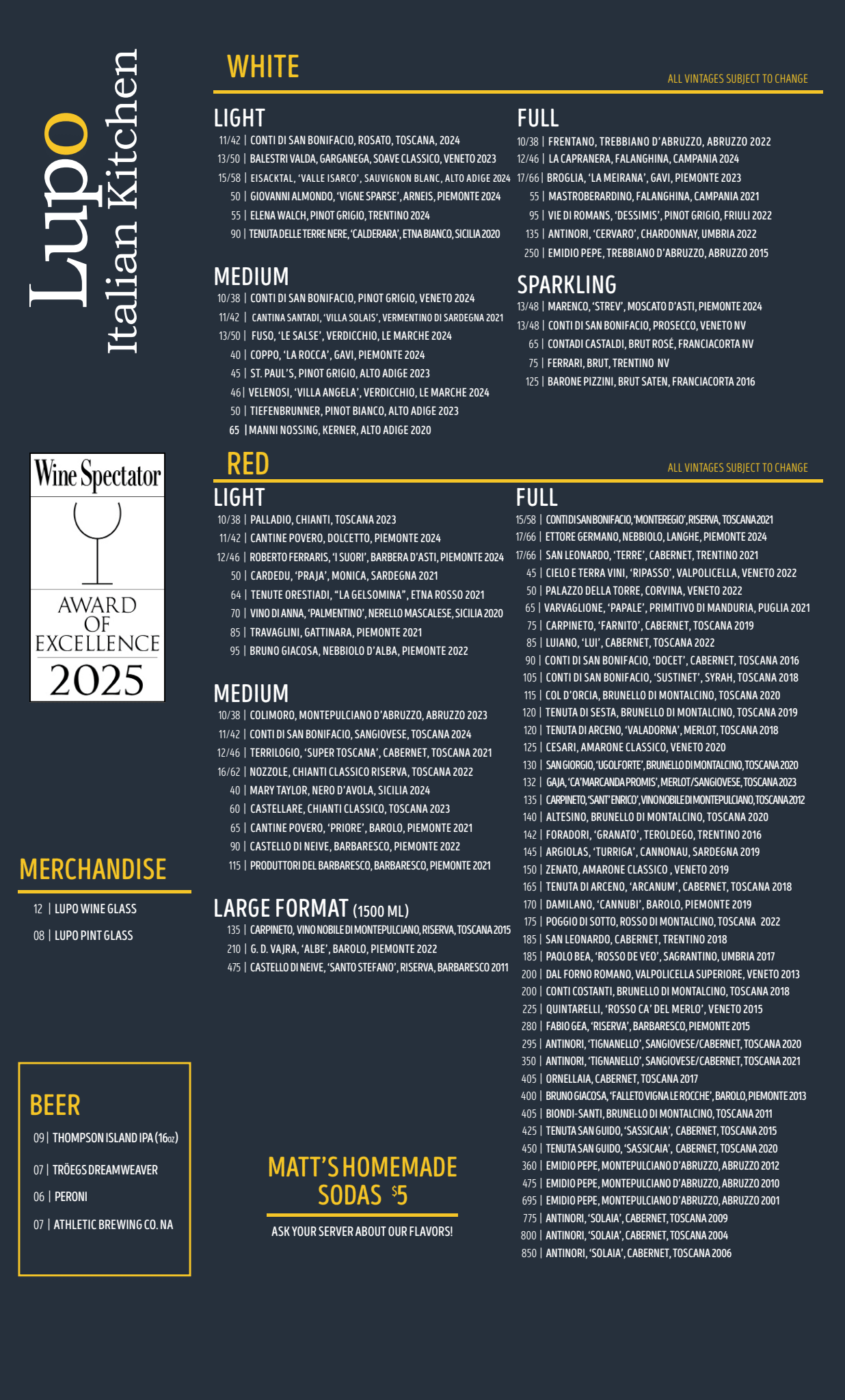 Menu of Leupio Italian Kitchen featuring white, medium, and red wines, beer, homemade sodas, and merch, with pricing and vintage details, plus a Wine Spectator Excellence Award for 2025.
